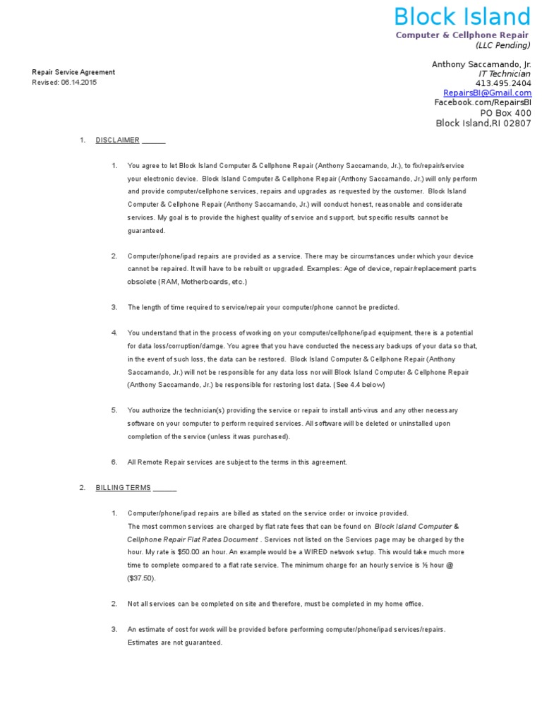 Computer Repair Service Agreement | PDF | Mobile Phones | I Pad