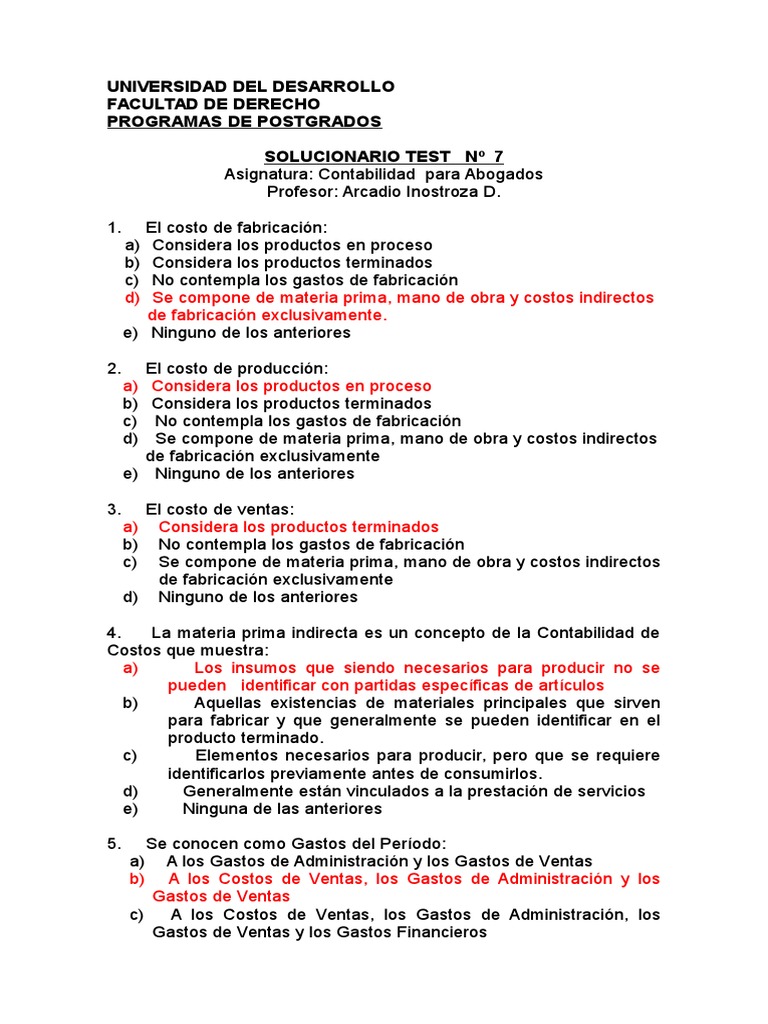 Solucionario Test #7 Conceptos de Costos y Análisis Financiero | PDF ...