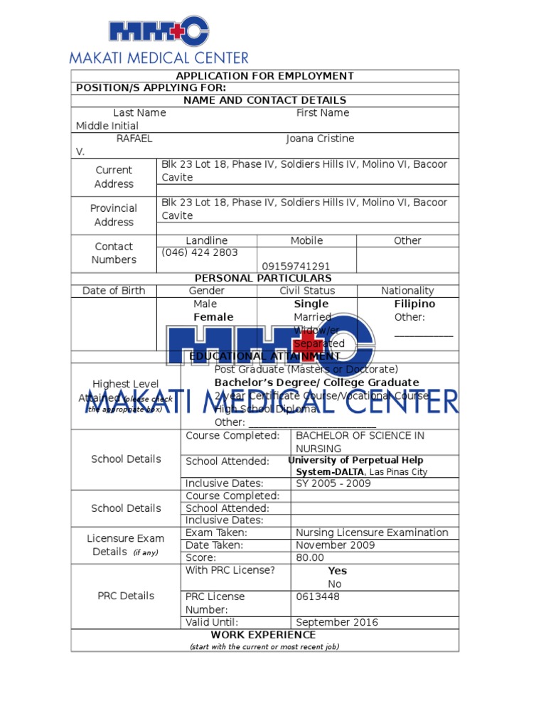 Application For Employment Position/S Applying For: Name and Contact ...