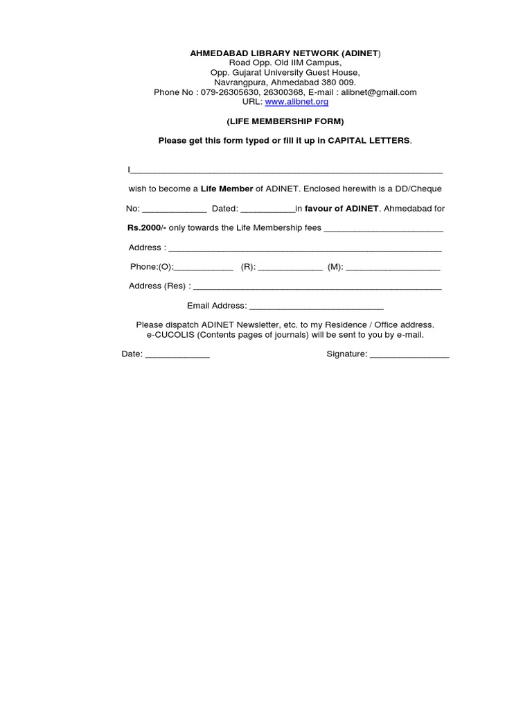 ADINET Life Membership Application Form | PDF