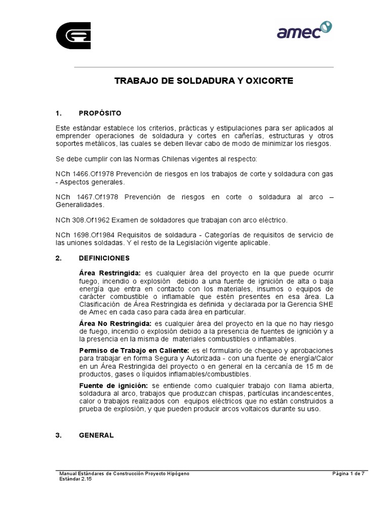 Estándar 2.15 Trabajos Con Soldadura y Oxicorte CDA Soldadura