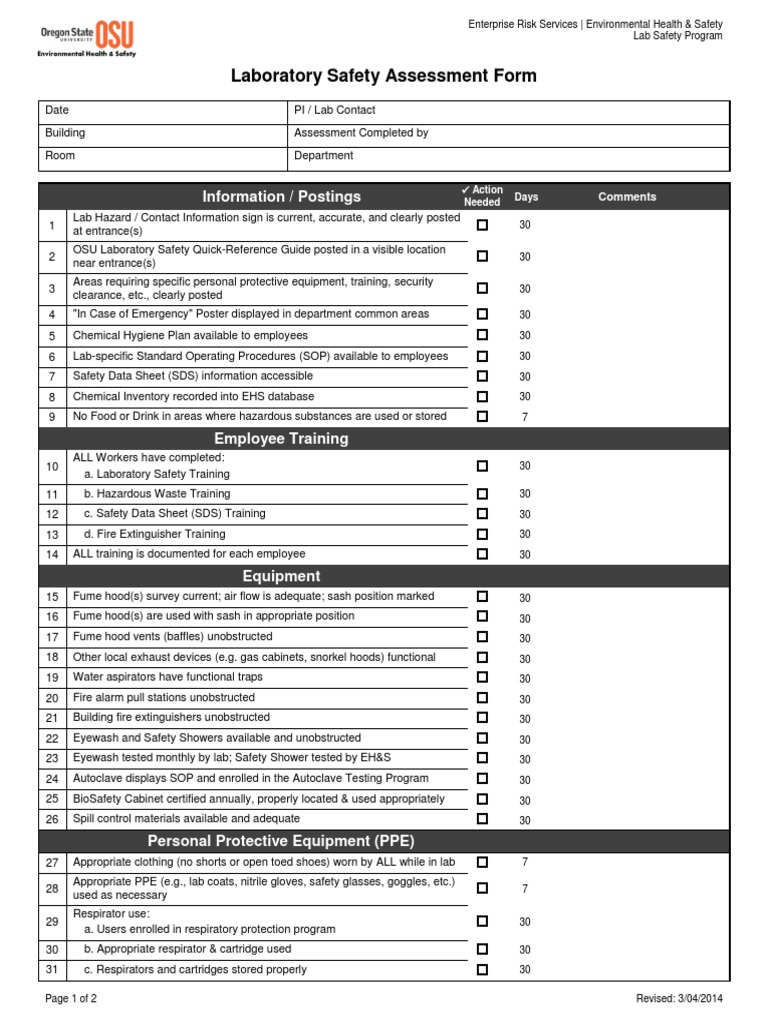 Laboratory Safety Assessment Checklist | PDF | Personal Protective ...