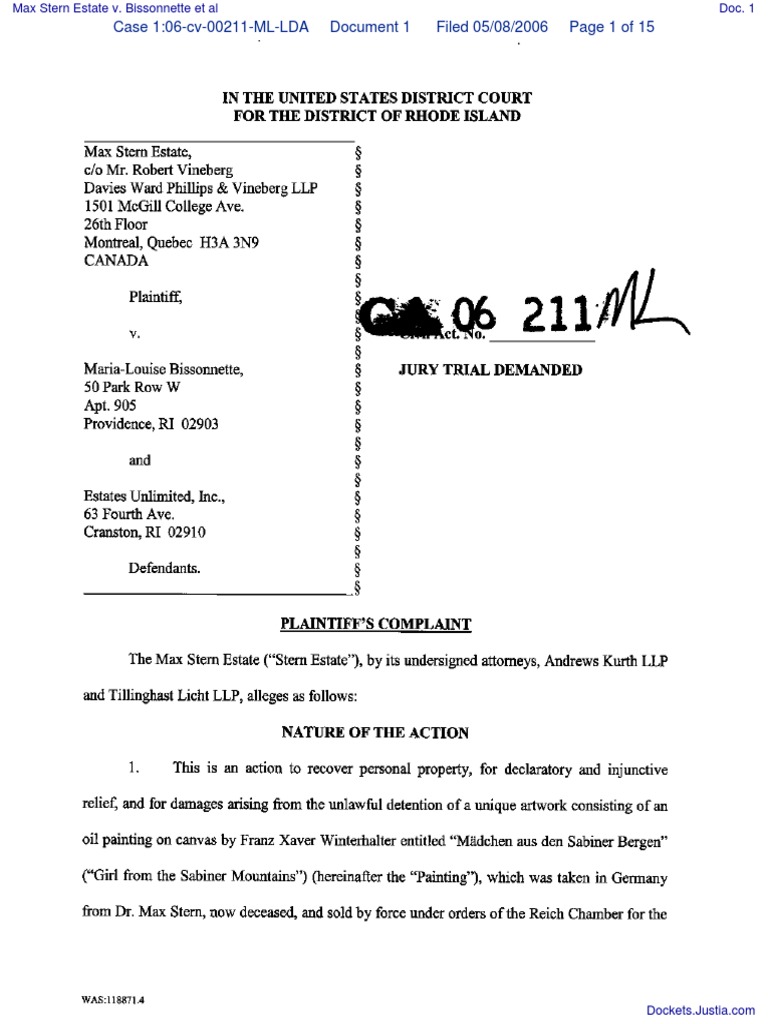 Max Stern Estate v. Bissonnette Et Al - Document No. 1 | PDF ...