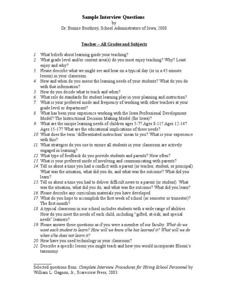 Sample Interview Questions: Teacher - All Grades and Subjects | PDF ...