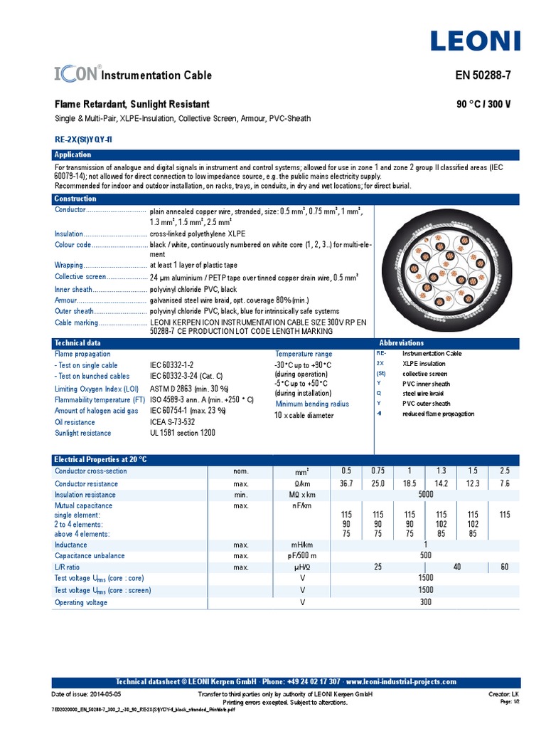 Instrumentation Cable EN 50288 7 Flame Retardant Sunlight Resistant 