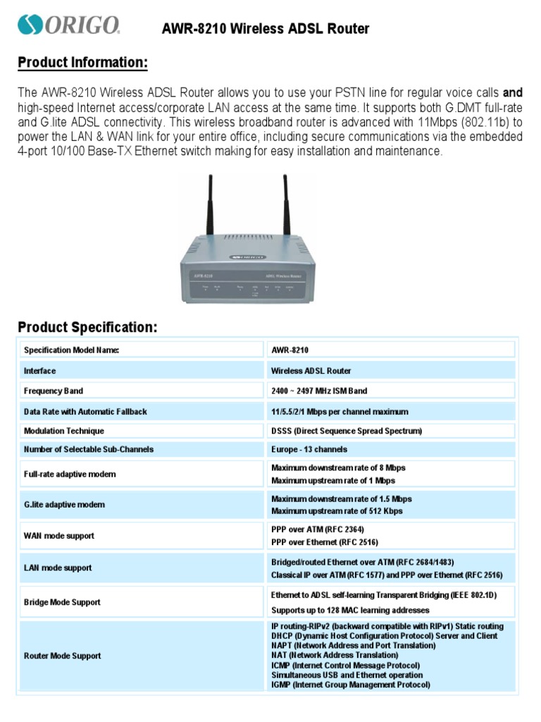 AWR-8210 Wireless ADSL Router: Product Information | PDF | Internet ...