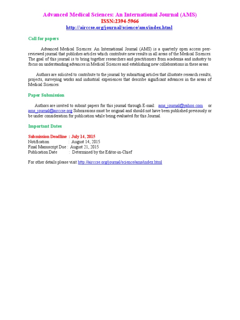 Advanced Medical Sciences: An International Journal (AMS) : ISSN:2394 ...