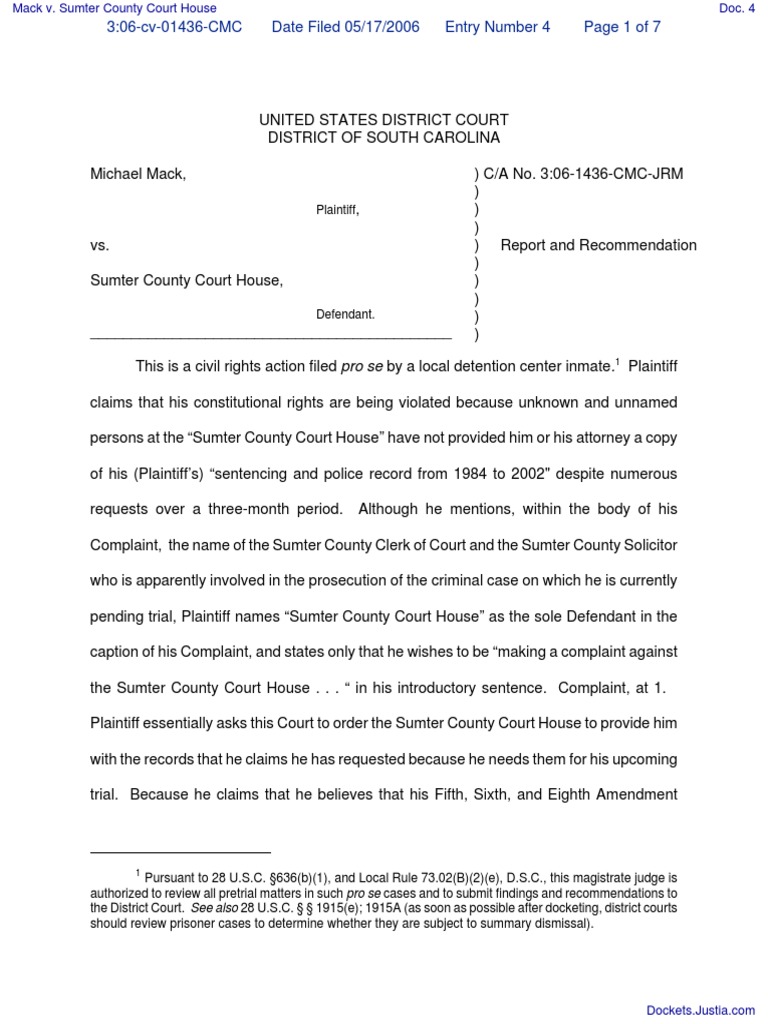 Mack v Sumter County Court House Document No 4 Pro Se Legal
