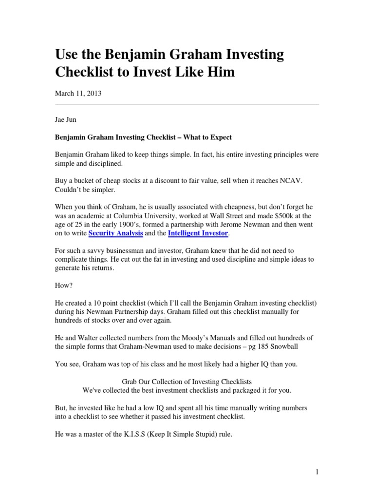 Benjamin Graham Investing Checklist | PDF | Price–Earnings Ratio ...