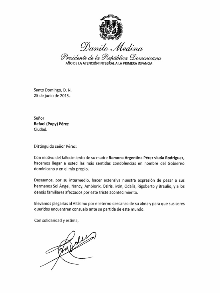 Carta de Condolencias Del Presidente Danilo Madina A Rafael (Papy ...