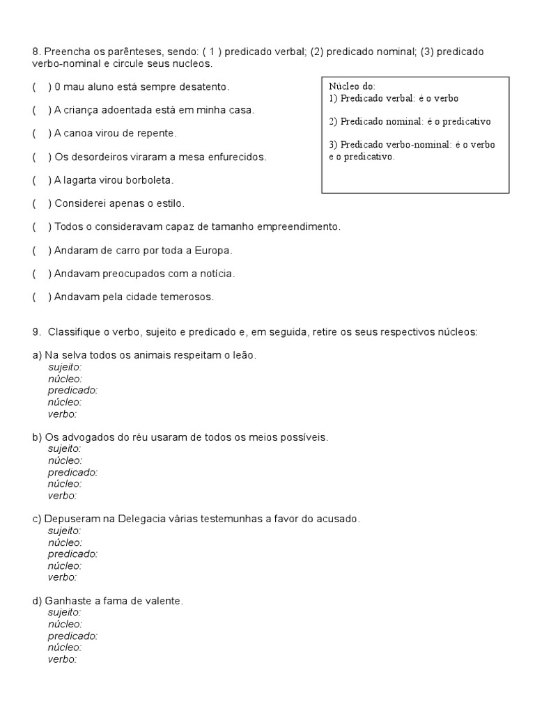 Classificação de Predicados e Verbos | PDF | Estudos de Línguas ...