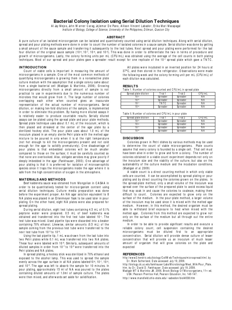 Bacterial Colony Isolation Using Serial Dilution Techniques PDF
