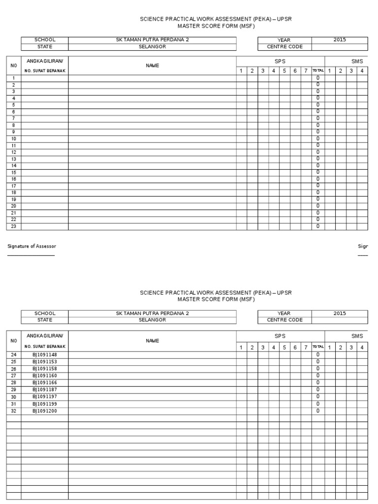 Master Score Form (MSF) | PDF | Sports & Recreation