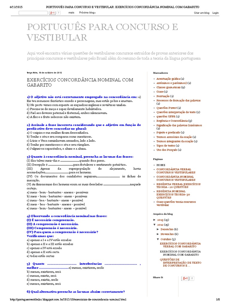 Gabarito Sobre Concordância Verbal I, PDF, Assunto (gramática)