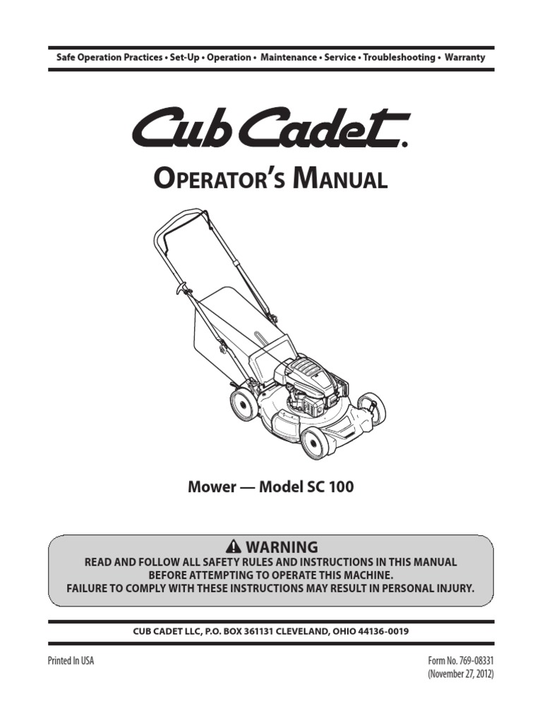 Cub Cadet SC100 Manual Mower Internal Combustion Engine