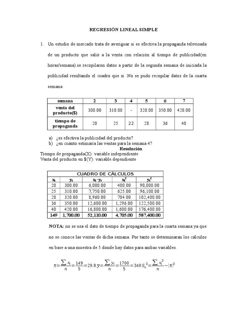 Regresion Lineal Ejercicios Resueltos | PDF | Regresión lineal | Análisis  de regresión