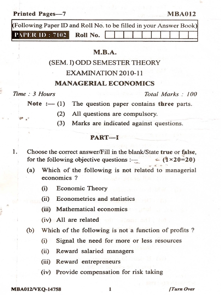 MBA Managerial Economics Exam Paper | PDF