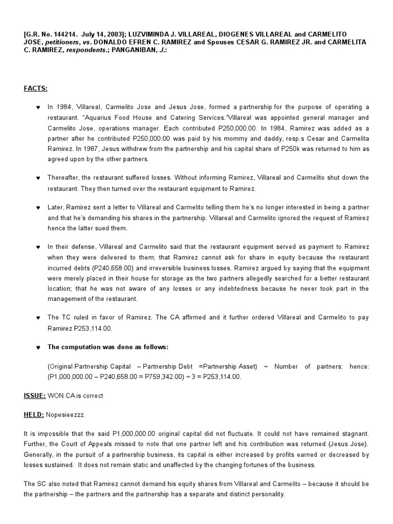 Villareal V Ramirez | PDF | Partnership | Liquidation