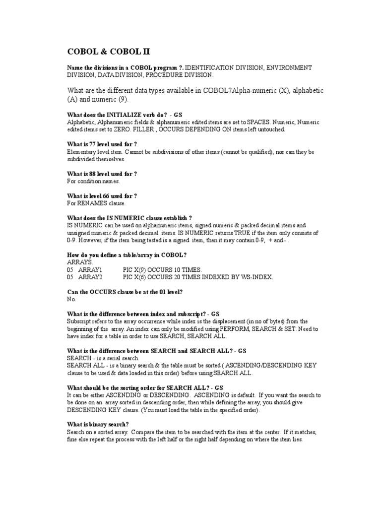 Cobol Interview Questions Byte String Computer Science