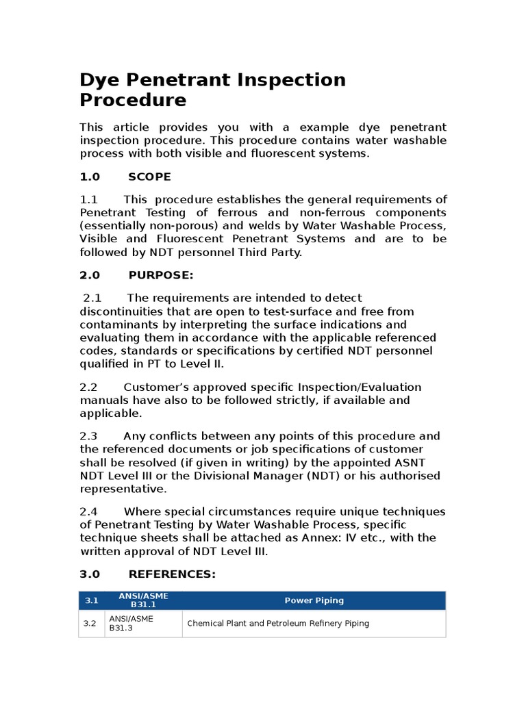 Dye Penetrant Inspection Procedure | PDF