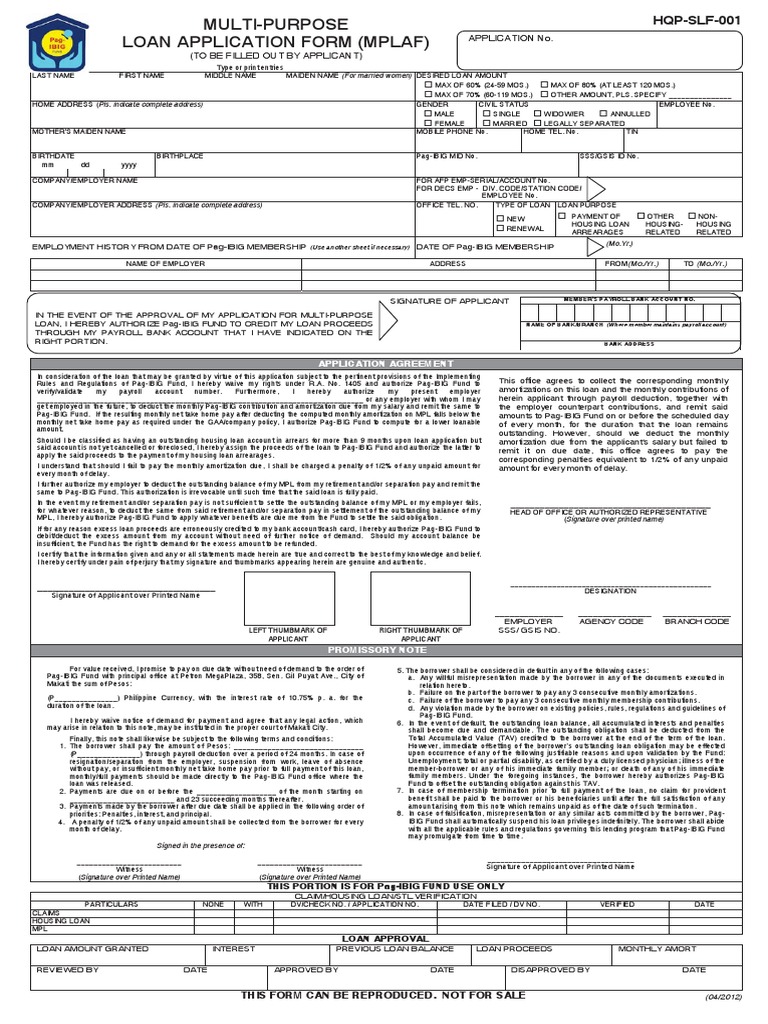 MultiPurpose Loan Application Form (MPLAF, HQPSLF001, V01) (1) Loans Arrears