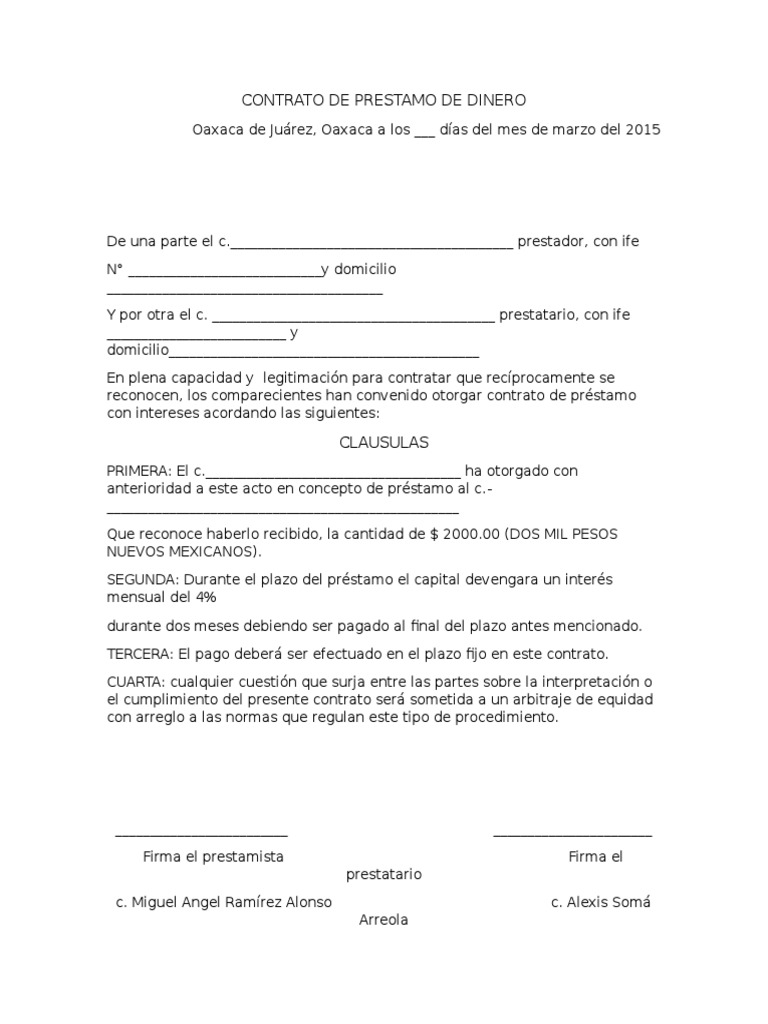 Contrato de Préstamo de Dinero 2015 | PDF | Negocios | Finanzas y dinero