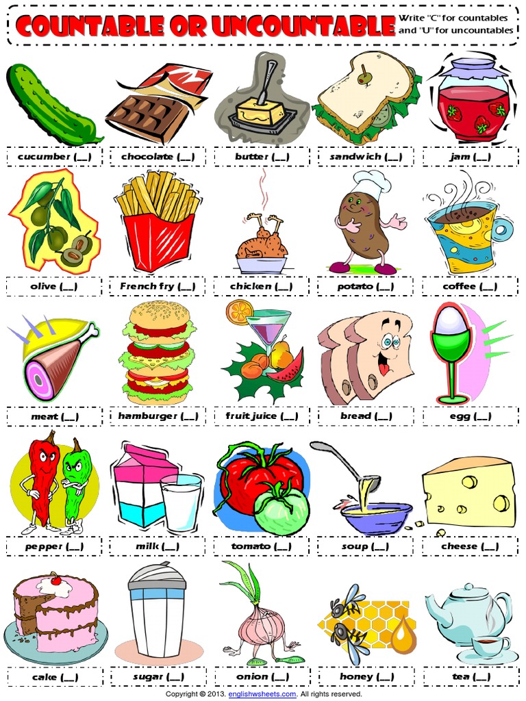 Countables and Uncountables Food Drinks Picture Worksheet Fruit