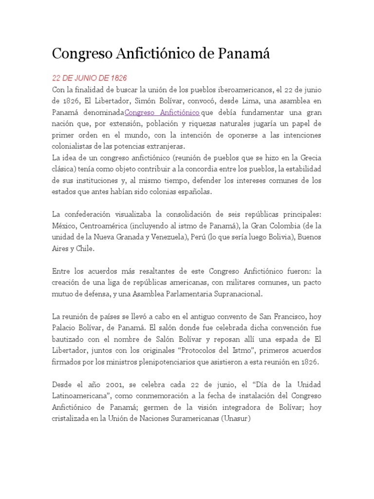 Congreso Anfictionico De Panama Panama Venezuela