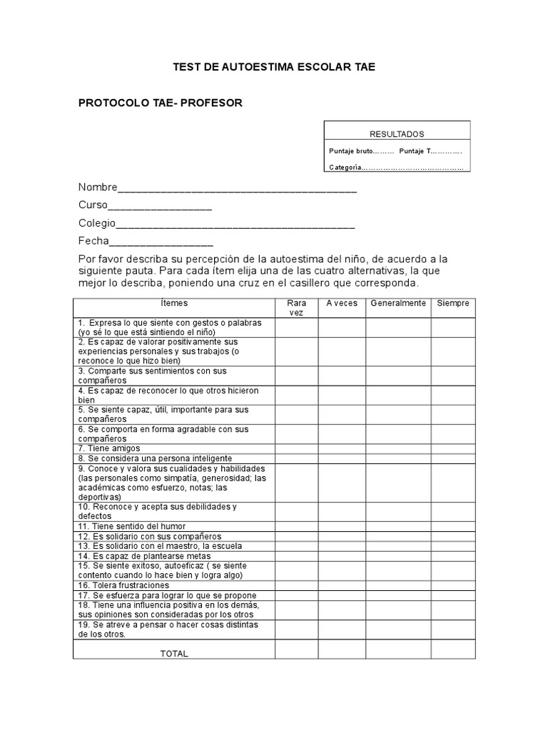 Test de Autoestima Escolar Tae | PDF