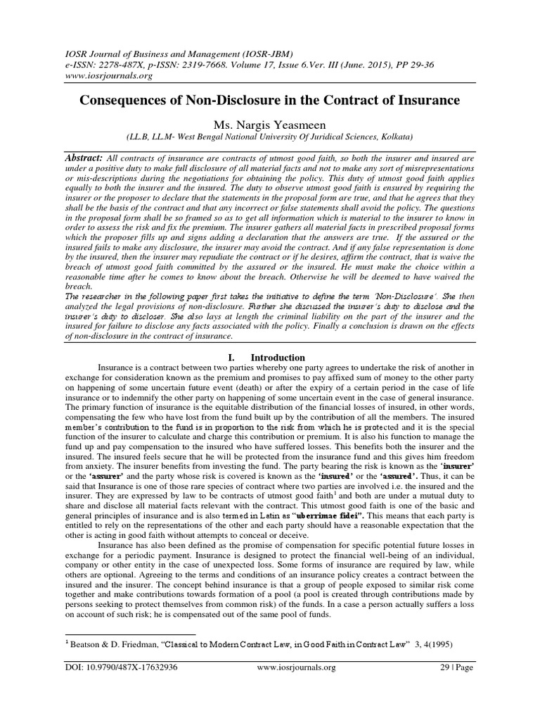 Consequences of Non-Disclosure in The Contract of Insurance | PDF ...