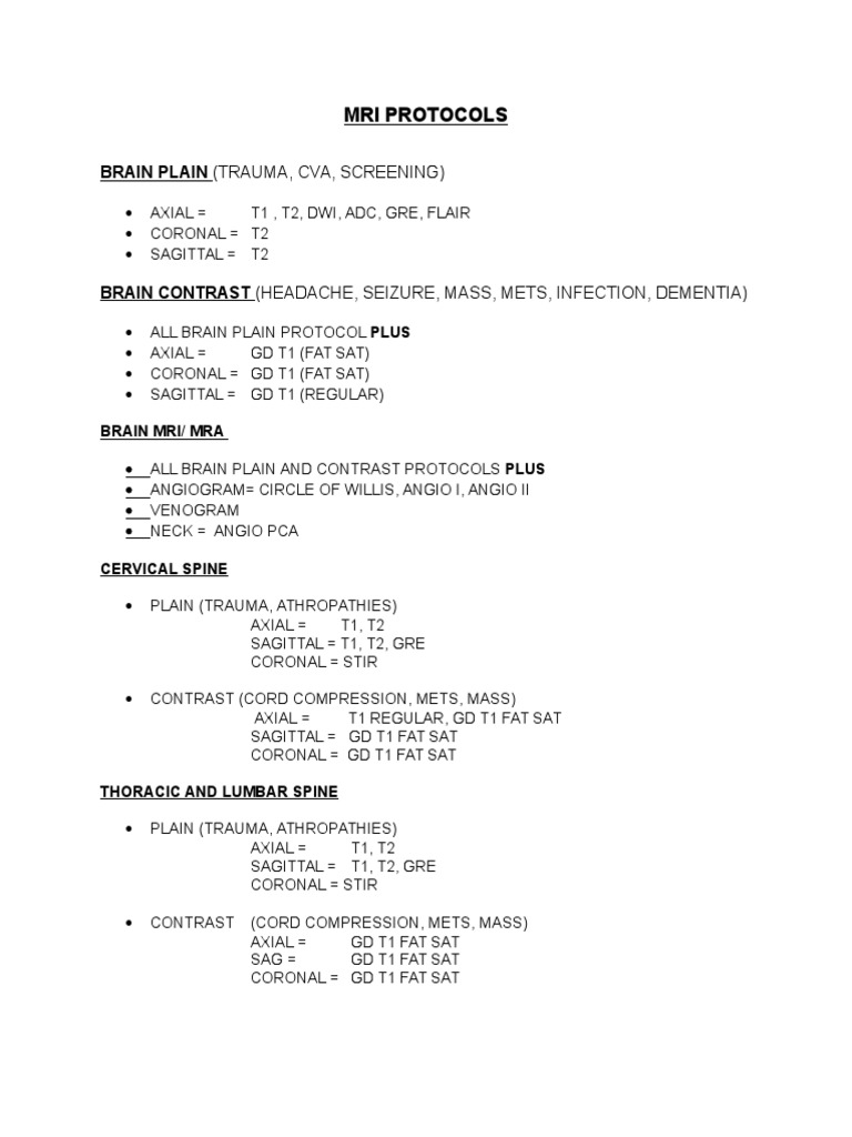 MRI Protocols for Brain and Spine | PDF