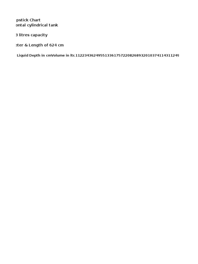 Dipstick Chart For A Horizontal Cylindrical Tank 21203 Litres Capacity
