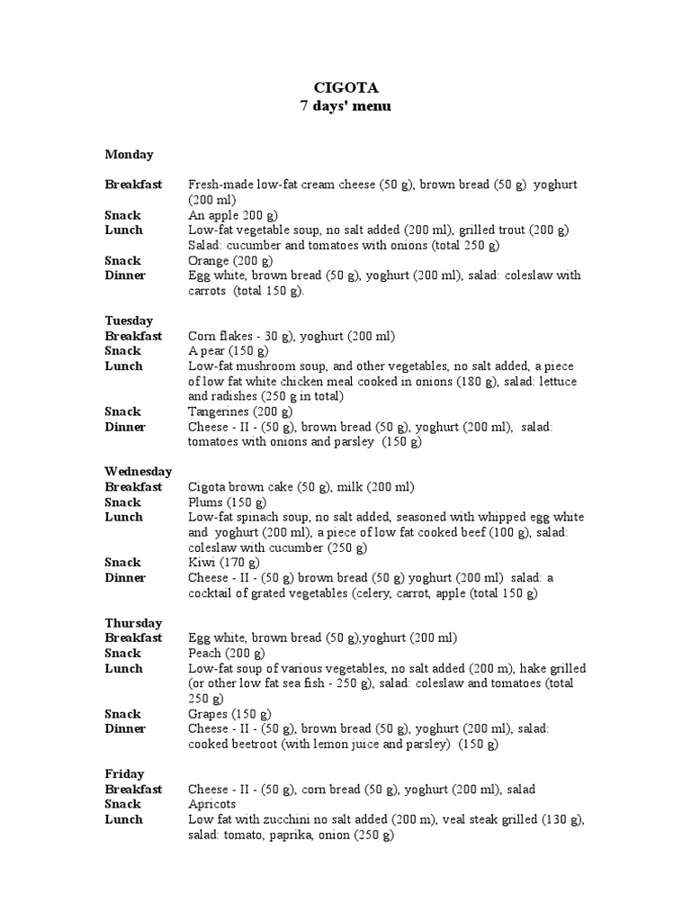 Cigota Weekly Menu Overview | PDF