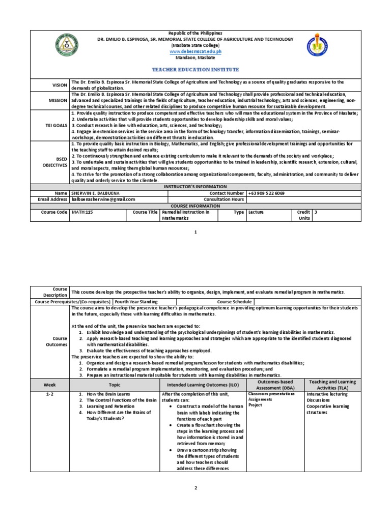 Sample Obe Syllabus Math 115 PDF