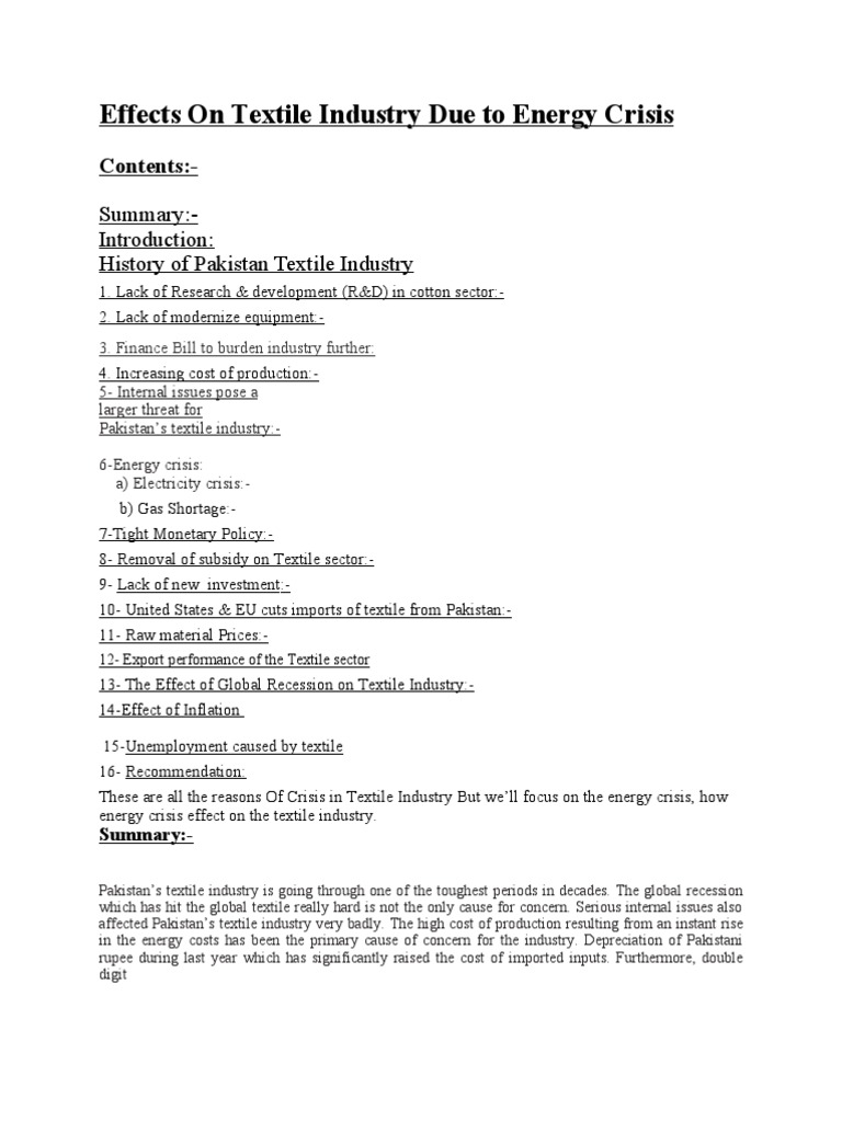Effects On Textile Industry Due To Energy Crisis PDF Cotton Pakistan