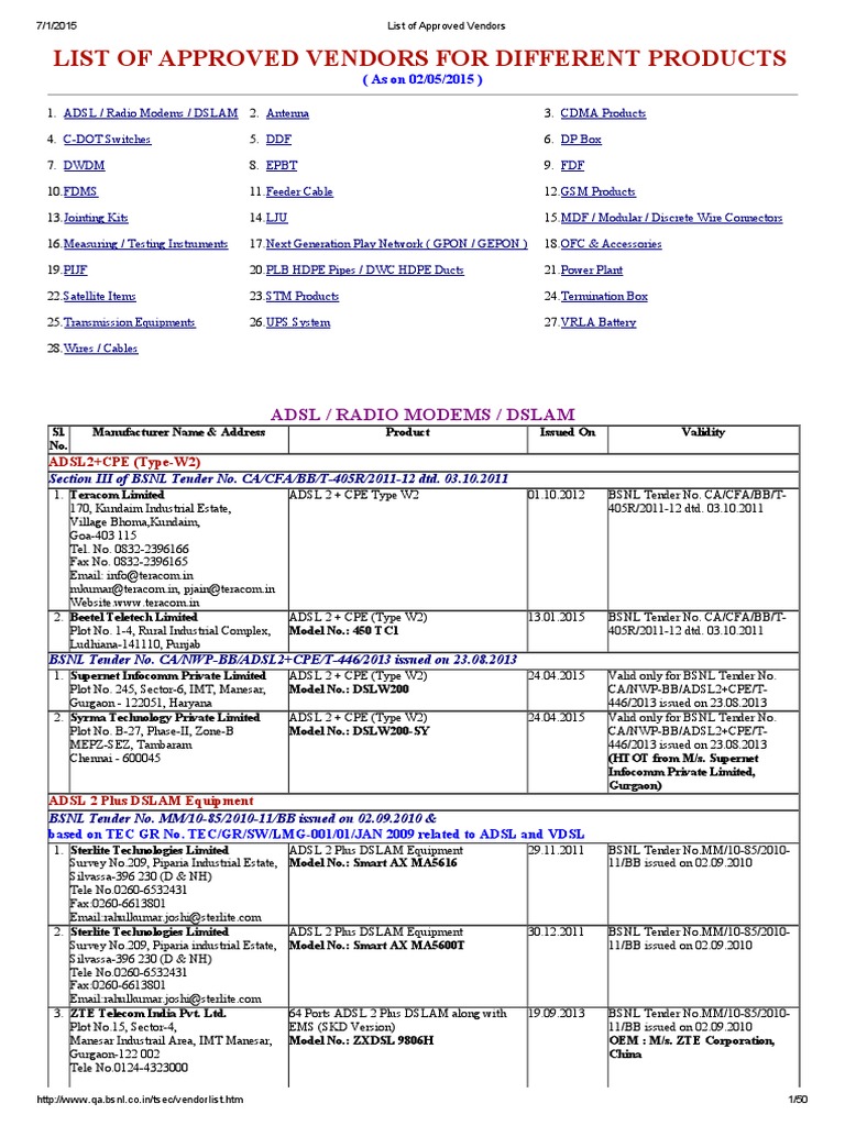List of Approved Vendors