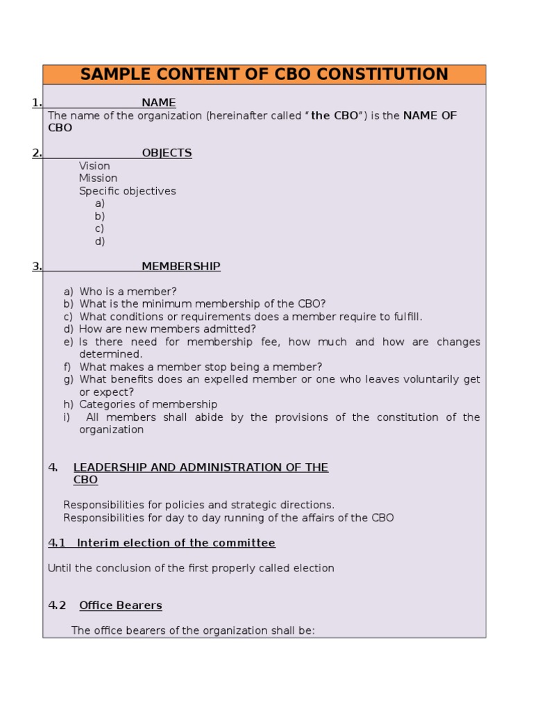 Sample CBO Constitution Constitution Legal Documents