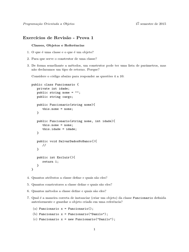 Exercícios de POO em C# e Java | PDF | Classe (programação de ...