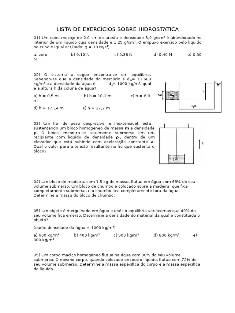 272402-Lista de Exercícios Sobre Hidrostática (2015) | PDF | Densidade ...