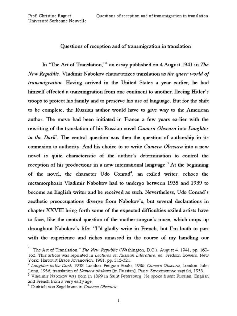 Questions of Reception and Transmigration in Translation RAGUET PDF