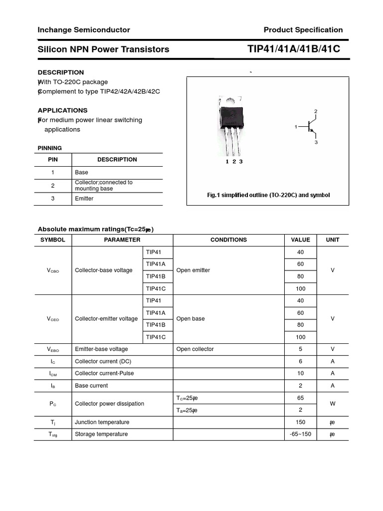 TIP41/41A/41B/41C Silicon NPN Power Transistors PDF Bipolar