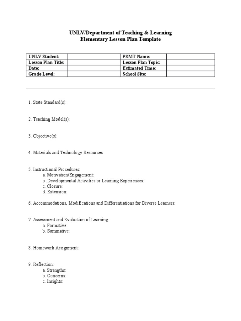 Unlv Lesson Plan Template From Website | PDF