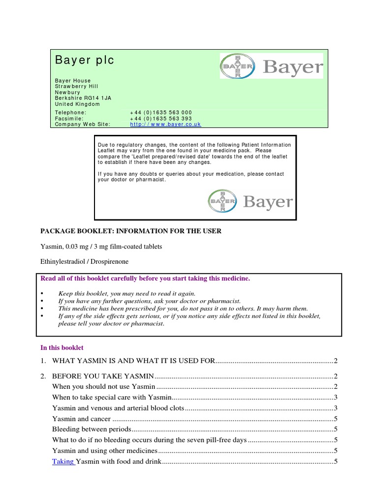 Patient Information Leaflet for Yasmin, a Combined Oral Contraceptive