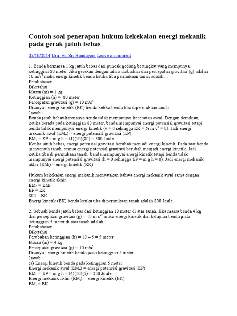 Contoh Soal Penerapan Hukum Kekekalan Energi Mekanik Pada Gerak Jatuh Bebas