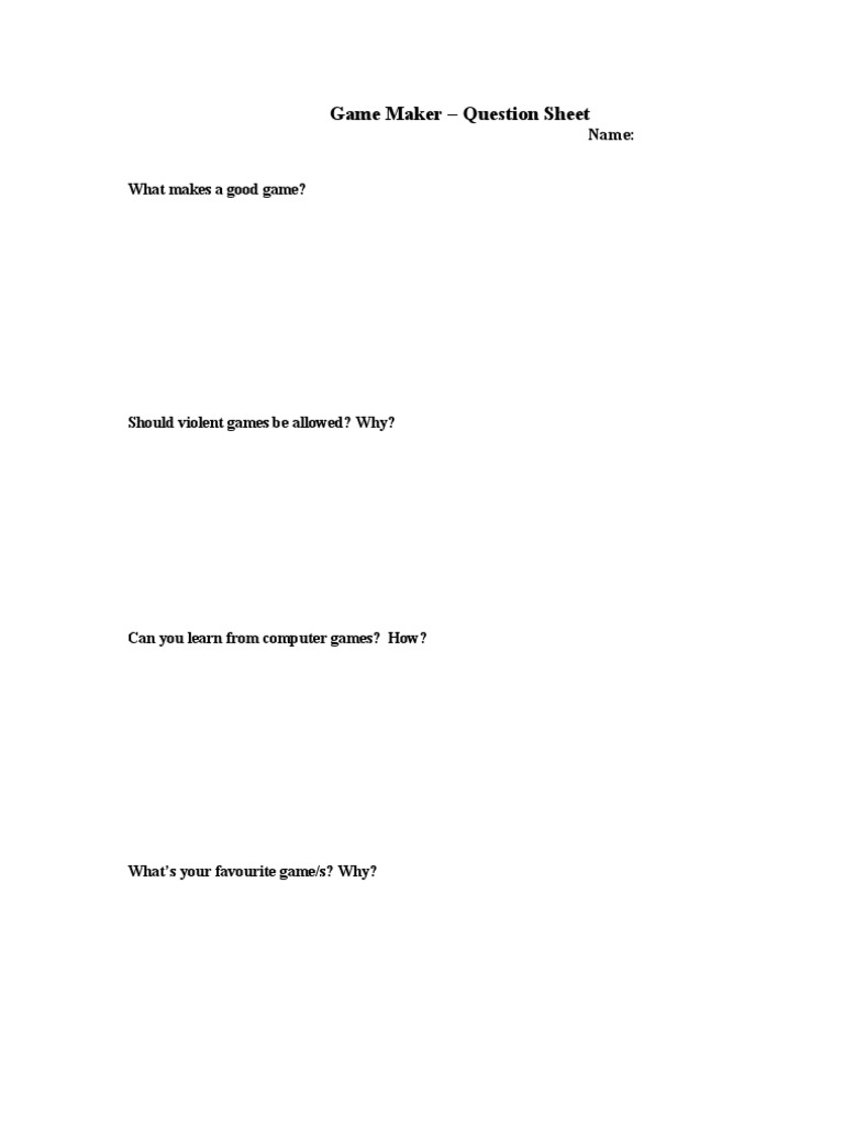 Game Maker - Question Sheet | PDF | Games & Activities