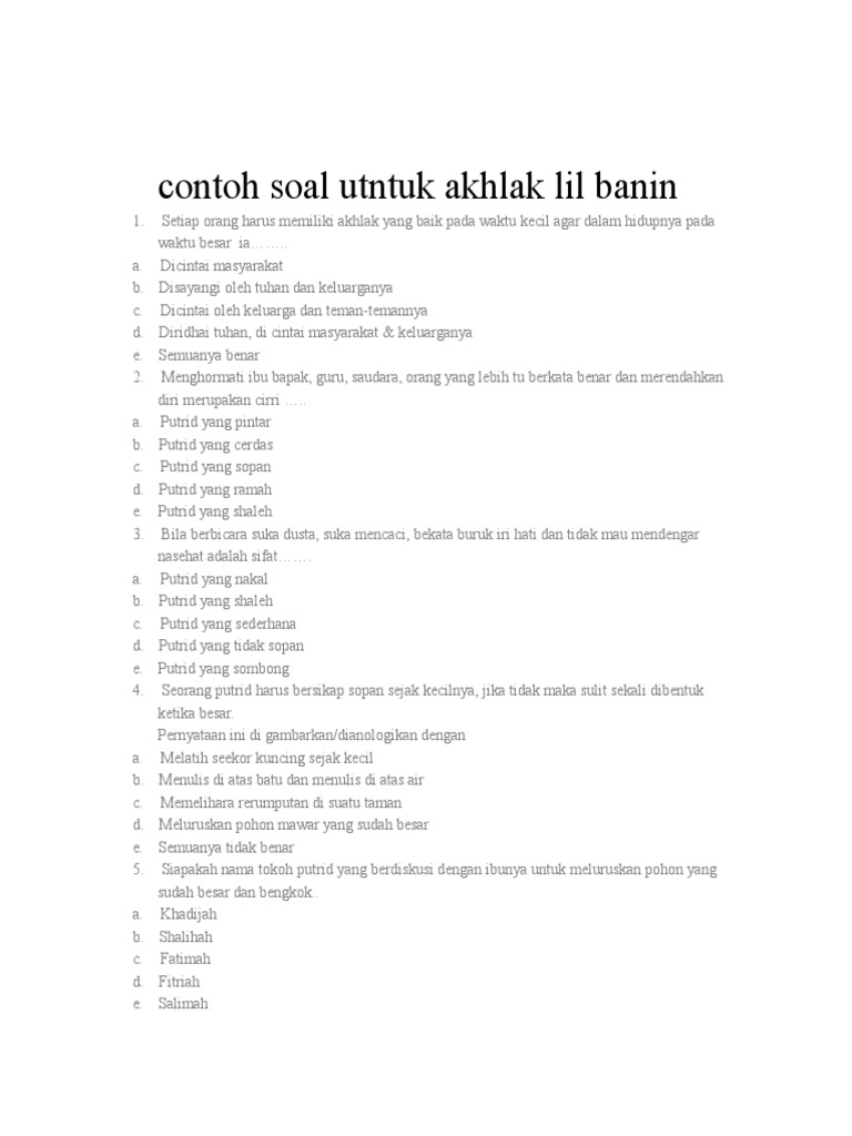 Contoh Soal Utntuk Akhlak Lil Banin