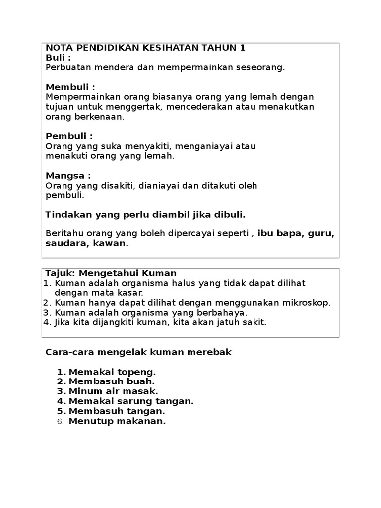 Nota Pendidikan Kesihatan Tahun 1 Pdf