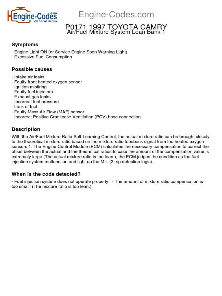 P0171 1997 TOYOTA CAMRY Air/Fuel Mixture System Lean Bank 1 PDF