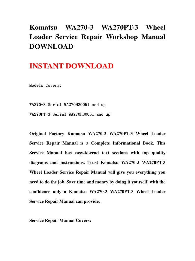 Komatsu WA270-3 WA270PT-3 Wheel Loader Service Repair Workshop Manual  DOWNLOAD.pdf