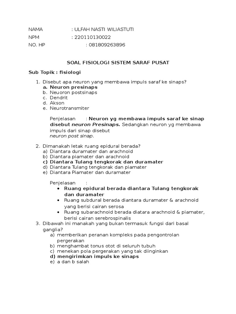 Soal Fisiologi Sistem Saraf Pusat